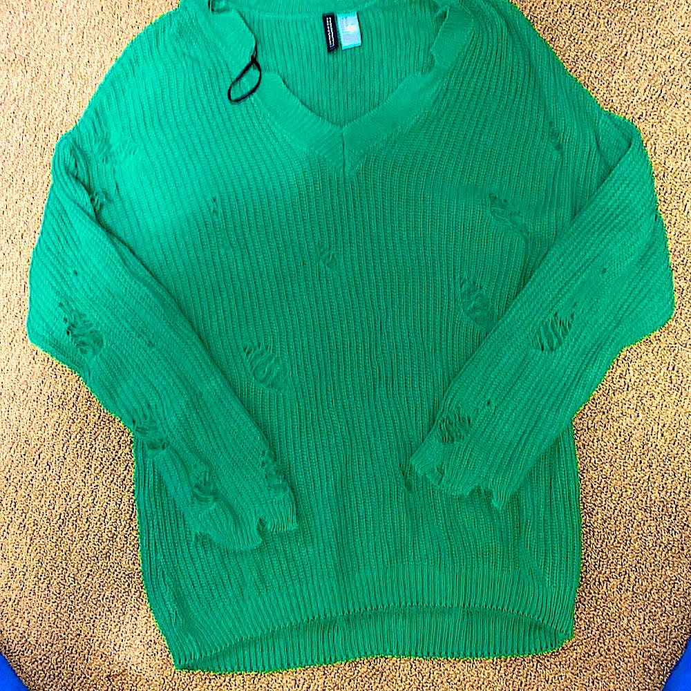 EUC H&M Divided Distressed Kelly Green Oversized Knit Sweater XS